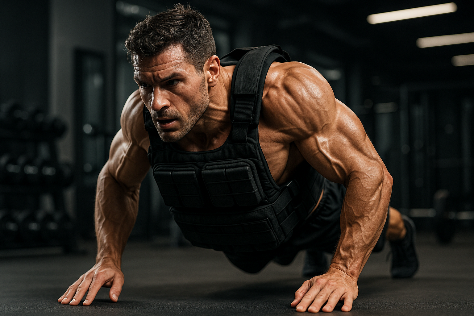 I need a image of an Aston hall type guy working out in a weighted vest 